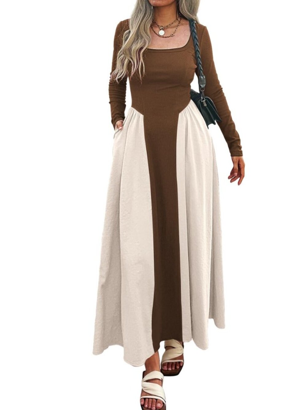 Fall Winter Maxi Dress for Women Square Neck Long Sleeve Patchwork Ribbed Knit